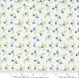 a white background with blue flowers and green leaves