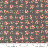 a gray background with pink flowers and circles