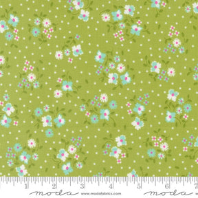 a green background with white and blue flowers