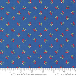 a blue background with red cherries and green leaves