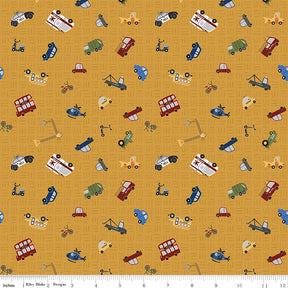 a yellow background with a lot of different types of vehicles