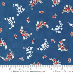 a blue background with red and white flowers