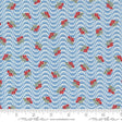 a blue background with red berries and waves