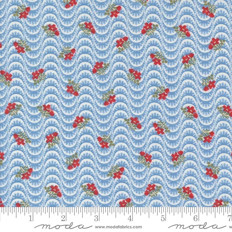 a blue background with red berries and waves