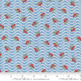 a blue background with red berries and waves