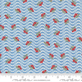 a blue background with red berries and waves