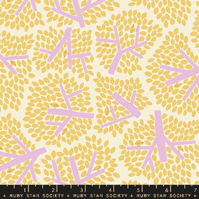 a yellow and pink pattern with small leaves
