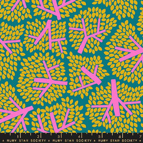 a blue background with yellow and pink leaves