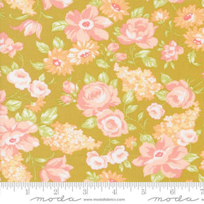 a yellow background with pink flowers and green leaves