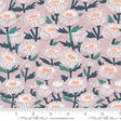 a pink background with white flowers and green leaves