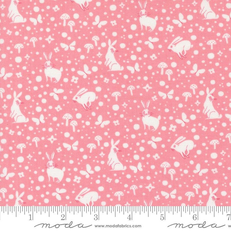 a pink background with white silhouettes of animals and mushrooms