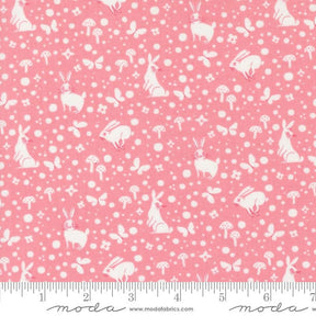a pink background with white silhouettes of animals and mushrooms