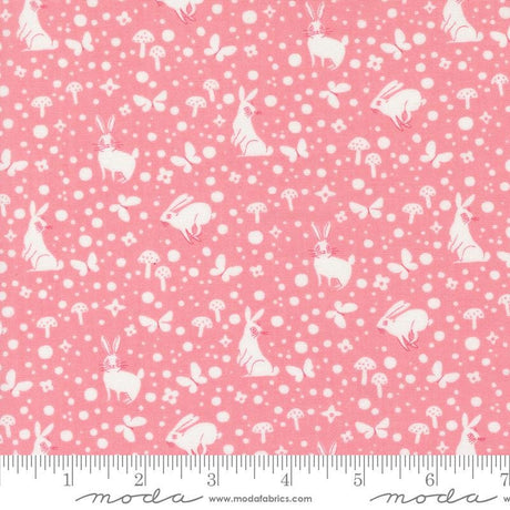 a pink background with white silhouettes of animals and mushrooms