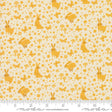 a yellow and white background with rabbits and mushrooms