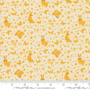 a yellow and white background with rabbits and mushrooms