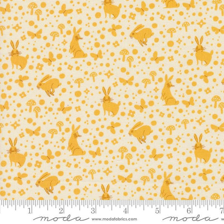 a yellow and white background with rabbits and mushrooms
