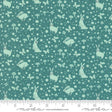 a green fabric with white rabbits and mushrooms on it