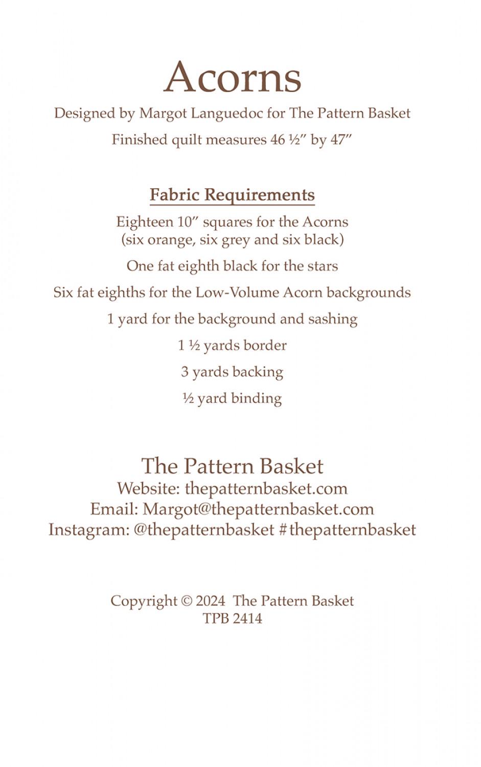 Acorns by The Pattern Basket, Margot Designs TPB2414 Paper Pattern ONLY