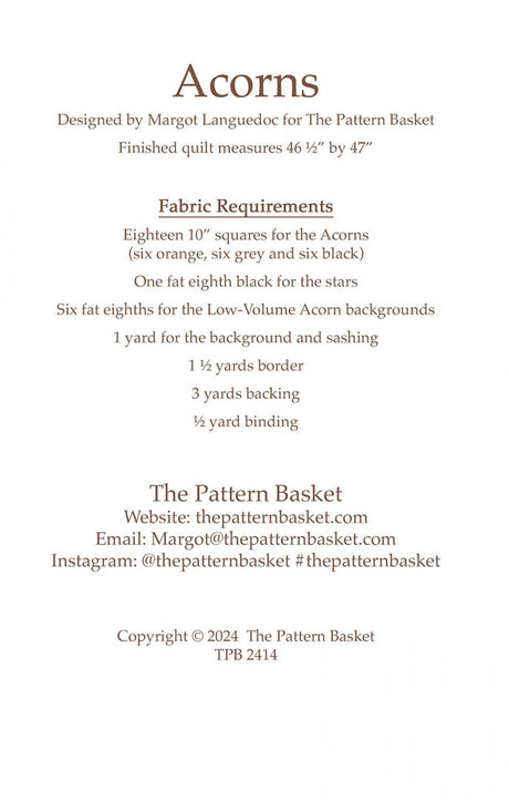 Acorns by The Pattern Basket, Margot Designs TPB2414 Paper Pattern ONLY