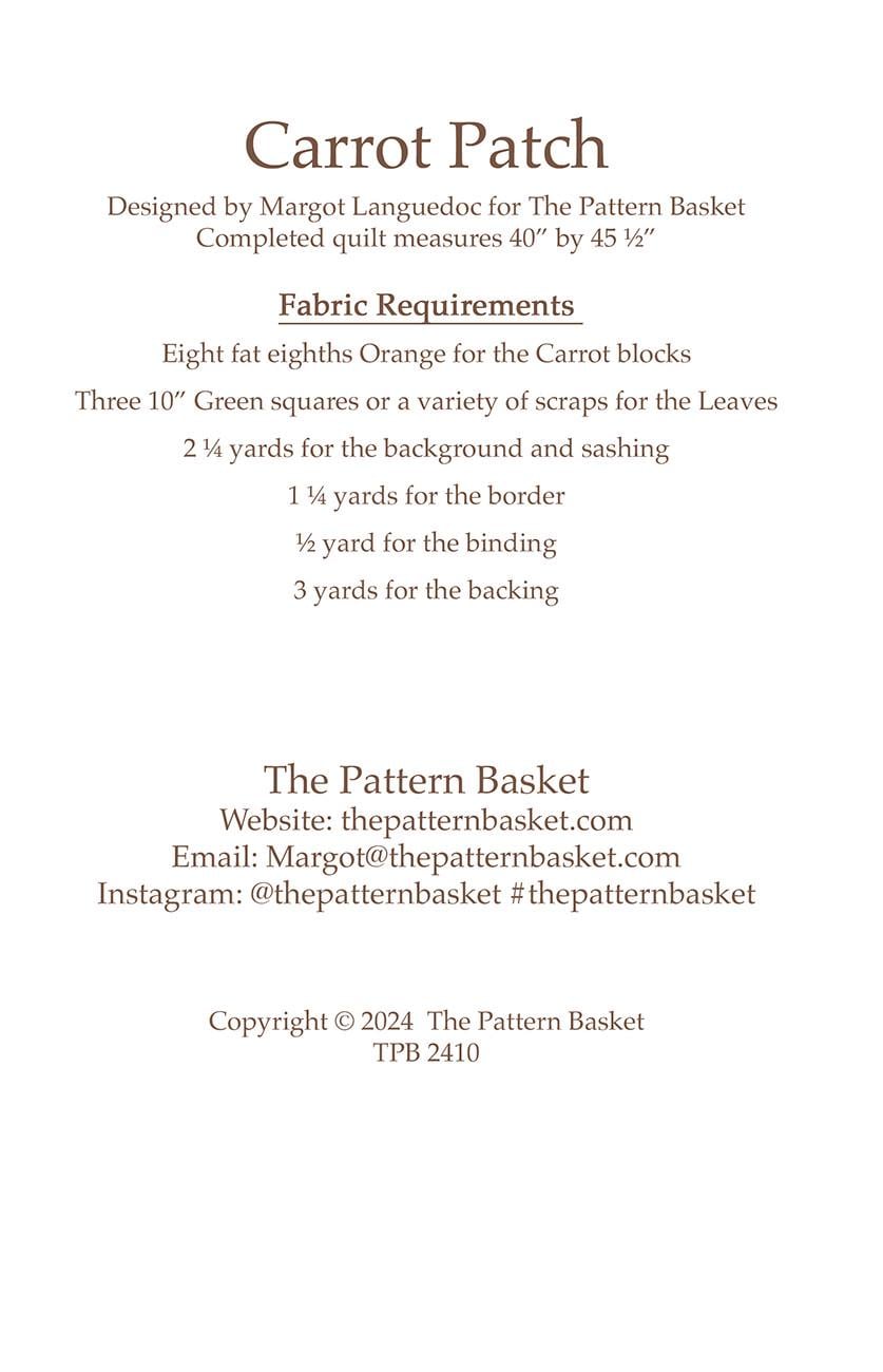 Carrot Patch by The Pattern Basket, Margot Designs TPB2410 Paper Pattern ONLY