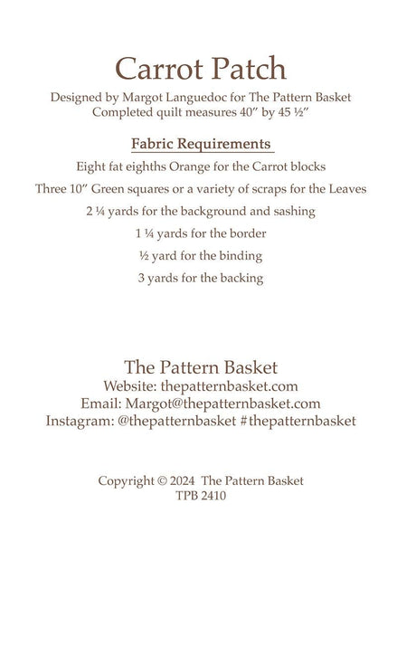 Carrot Patch by The Pattern Basket, Margot Designs TPB2410 Paper Pattern ONLY