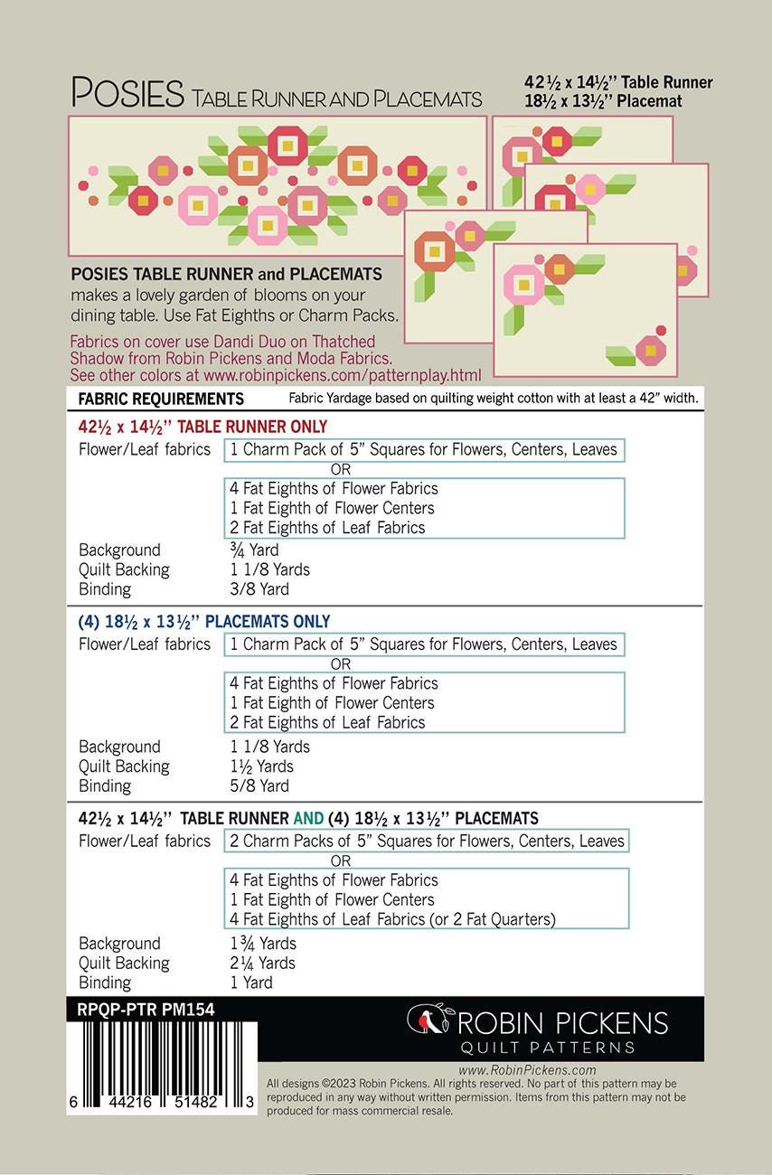 Posies Table Runner and 4 Placemats Printed Pattern by Robin Pickens RPQP-PTRPM154
