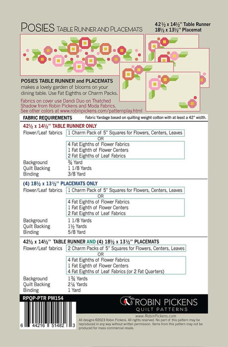Posies Table Runner and 4 Placemats Printed Pattern by Robin Pickens RPQP-PTRPM154