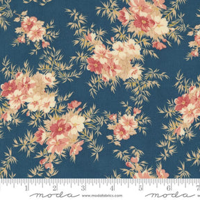 a blue background with pink and yellow flowers