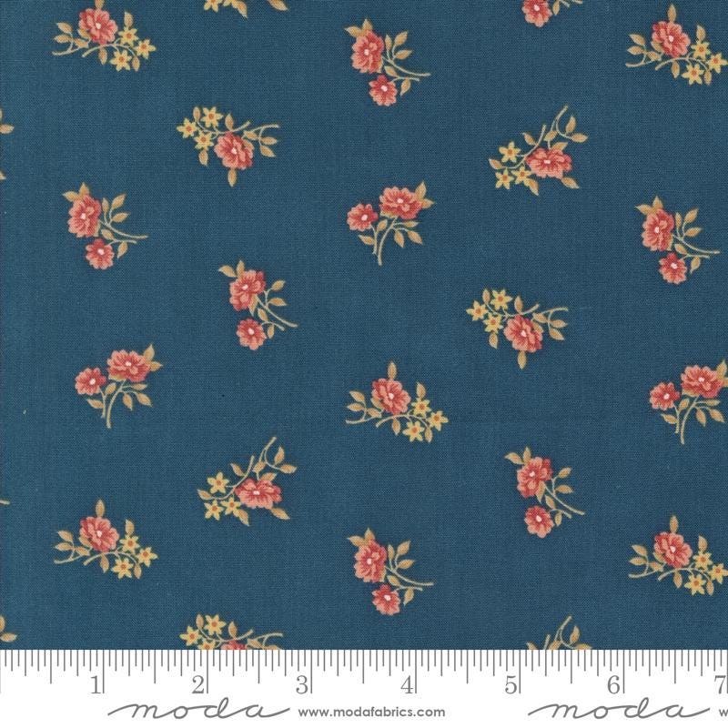 a blue background with red and yellow flowers