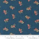 a blue background with red and yellow flowers