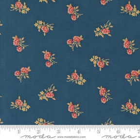 a blue background with red and yellow flowers