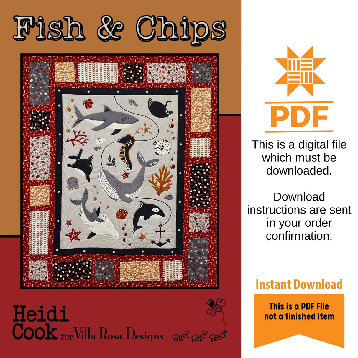Fish and Chips Quilt Pattern Only - INSTANT DIGITAL DOWNLOAD - From Heidi Cook for Villa Rosa Designs Size 54" x 62"
