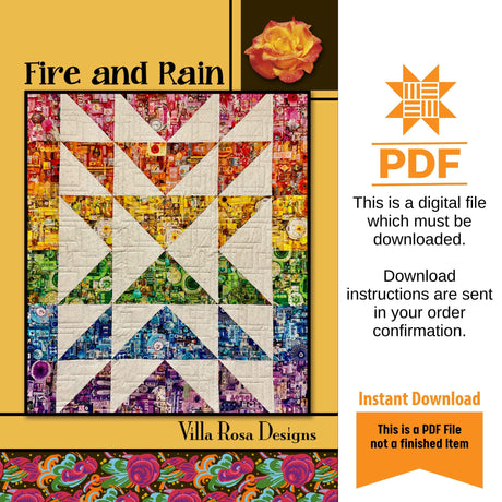 Fire and Rain Quilt Pattern Only - INSTANT DIGITAL DOWNLOAD - By Villa Rosa Designs Size 48" x 54"