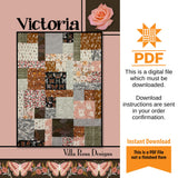 Victoria Quilt Pattern Only - INSTANT DIGITAL DOWNLOAD - By Villa Rosa Designs Size 48" x 64" (59"x75" with optional border)