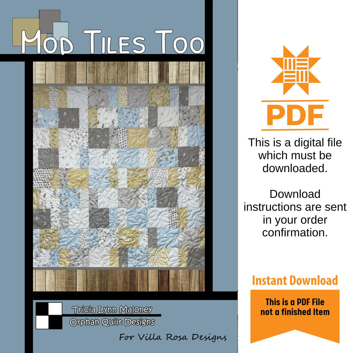 Mod Tiles Too Quilt Pattern - INSTANT DIGITAL DOWNLOAD - by Orphan Quilt Designs for Villa Rosa Designs 39”x 40” (47”x 48” w/ opt border)