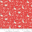 a red background with white rabbits and mushrooms