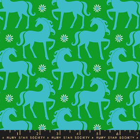 a green and blue pattern with horses and daisies