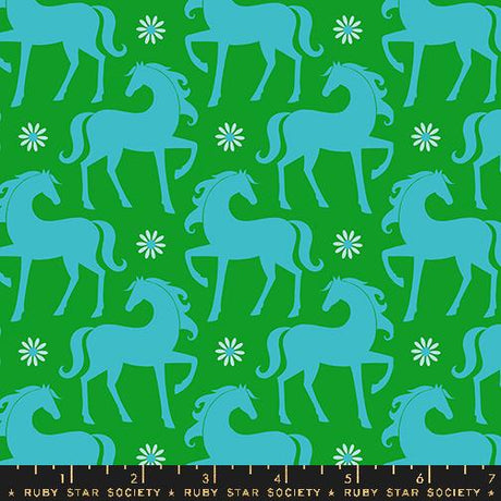 a green and blue pattern with horses and daisies