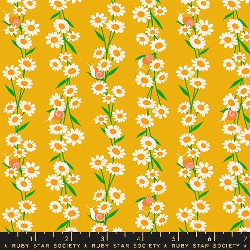 a yellow background with white daisies and green leaves