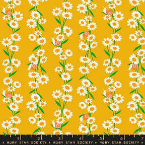 a yellow background with white daisies and green leaves