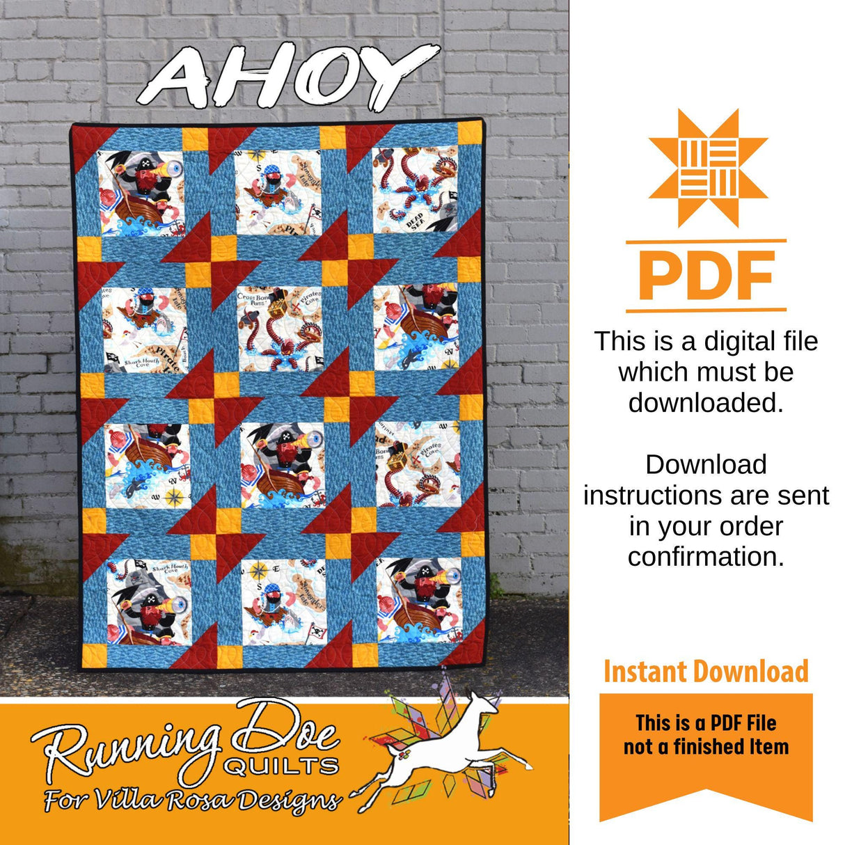 Ahoy Quilt Pattern Only - INSTANT DIGITAL DOWNLOAD - From Running Doe Quilts for Villa Rosa Designs Size 48" x 64"