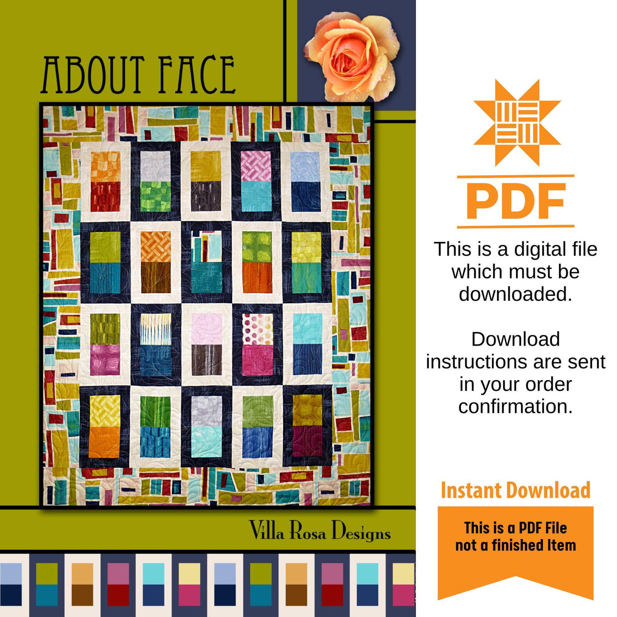 About Face Quilt Pattern Only - INSTANT DIGITAL DOWNLOAD - By Villa Rosa Designs Size 50" x 61" (59"x75" with optional border)