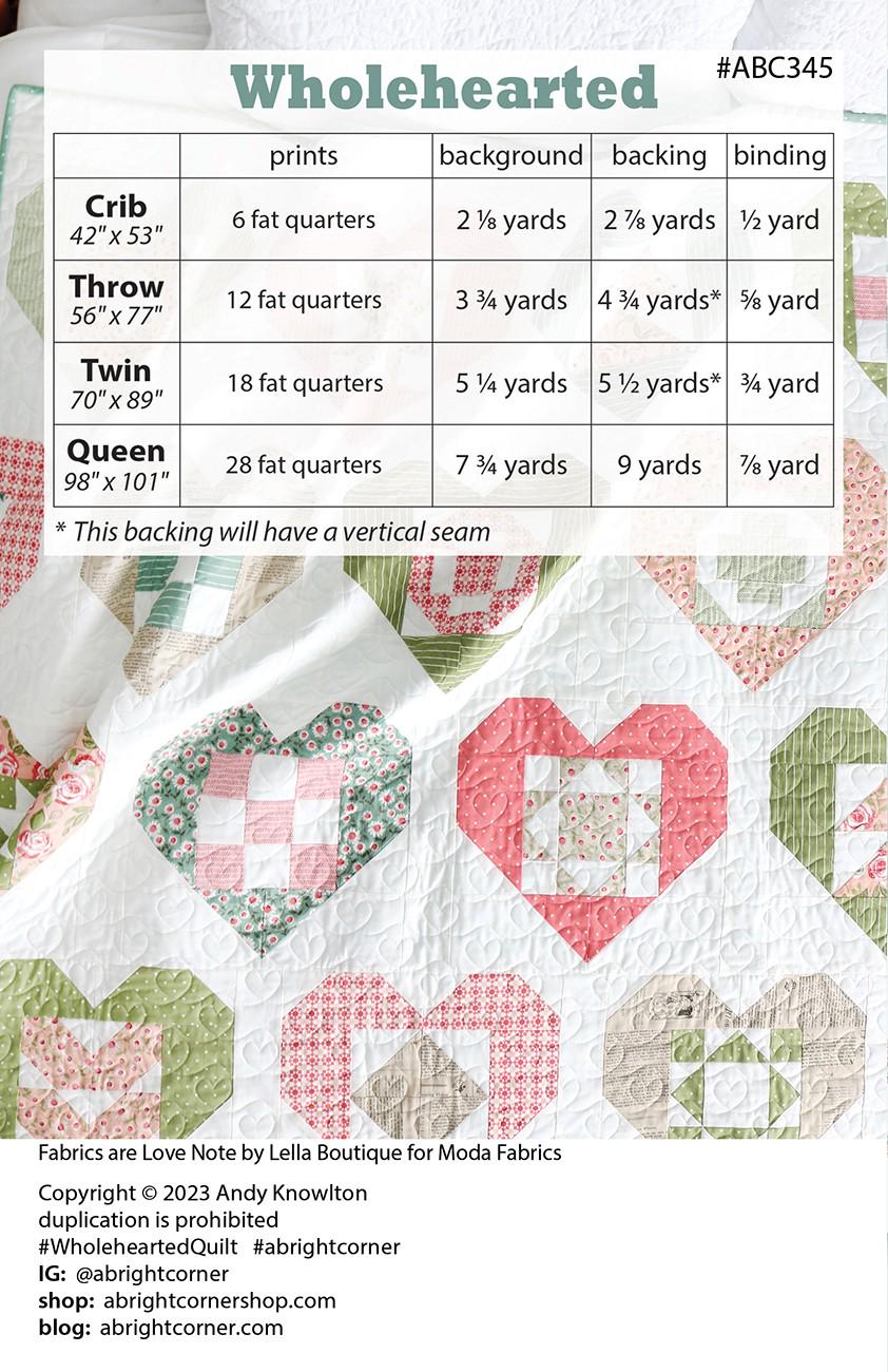 Wholehearted Quilt Pattern by A Bright Corner Quilts AKBC-345, 4 sizes
