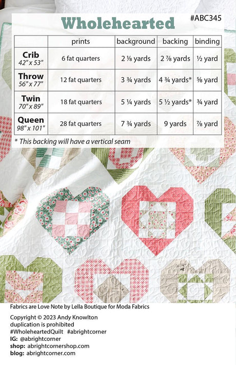 Wholehearted Quilt Pattern by A Bright Corner Quilts AKBC-345, 4 sizes