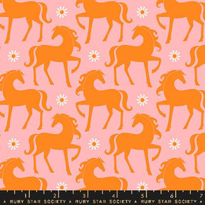 a pink and orange horse pattern with daisies