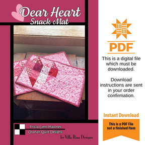 Dear Heart Snack Mat Pattern Only - INSTANT DIGITAL DOWNLOAD - From Orphan Quilts for Villa Rosa Designs 8" x 14" (Makes 2)