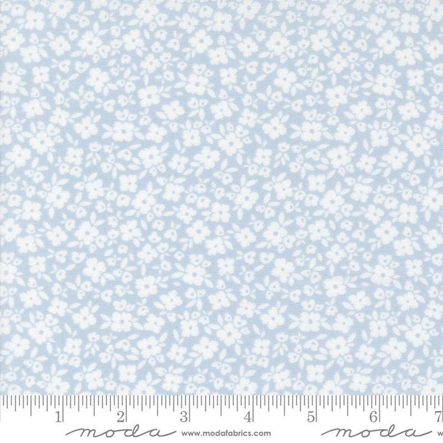a white and blue flower pattern on a light blue background