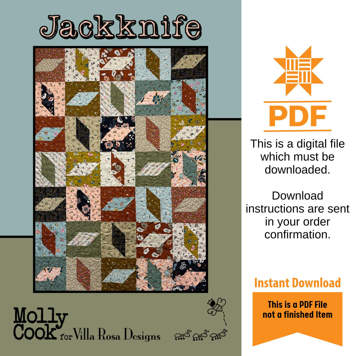 Jackknife Quilt Pattern Only - INSTANT DIGITAL DOWNLOAD - From Molly Cook for Villa Rosa Designs Size 40" x 56"