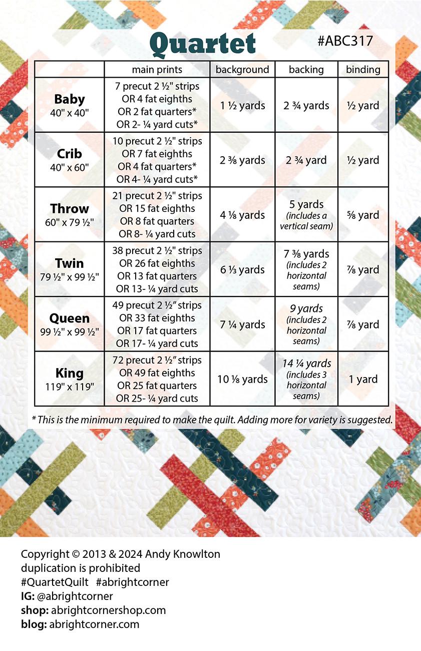 Quartet Quilt Pattern by A Bright Corner Quilts ABC-317, Multiple Sizes