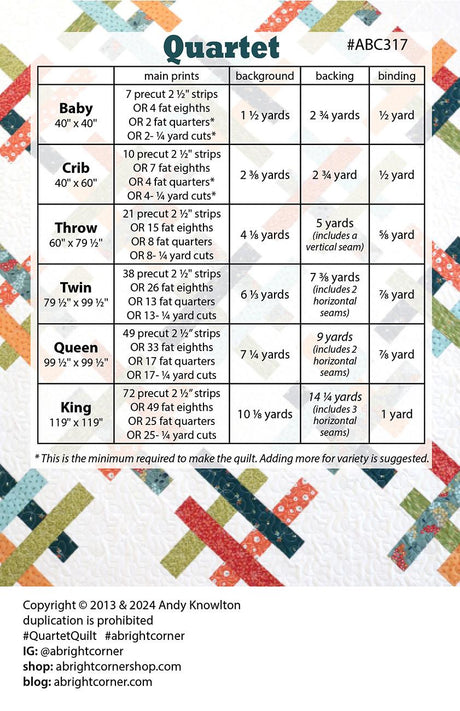 Quartet Quilt Pattern by A Bright Corner Quilts ABC-317, Multiple Sizes
